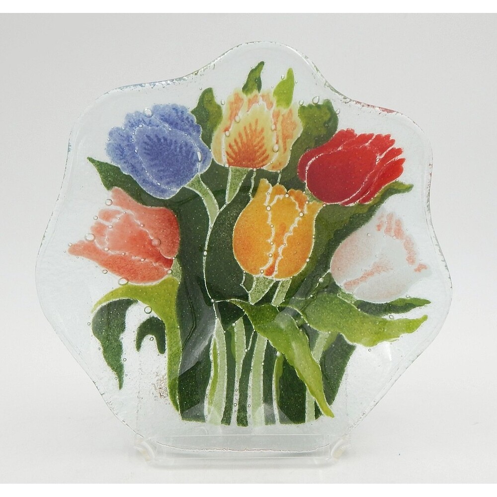 Peggy Karr Fused Glass Bowl Tulips Flowers 8 Inch Dish Ruffled